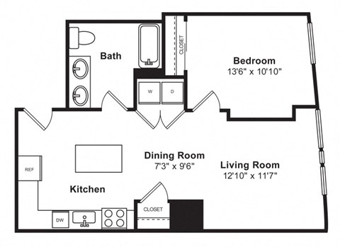 Floor plan for 1 bed, 1 bath, 737 sqft