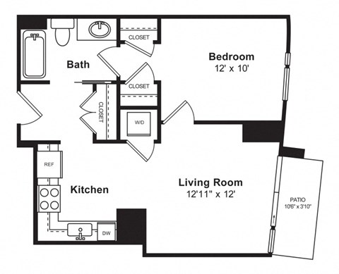 Floor plan for 1 bed, 1 bath, 620 sqft