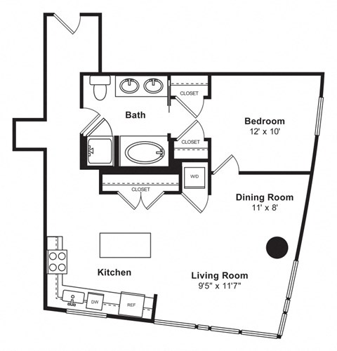 Floor plan for 1 bed, 1 bath, 927 sqft