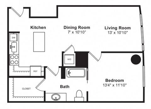 Floor plan for 1 bed, 1 bath, 795 sqft