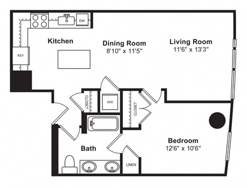 Floor plan for 1 bed, 1 bath, 765 sqft