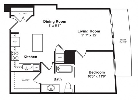 Floor plan for 1 bed, 1 bath, 760 sqft