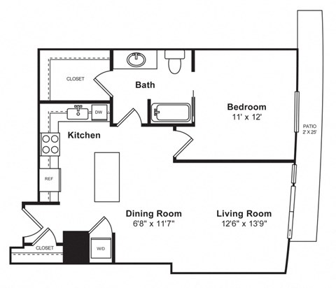 Floor plan for 1 bed, 1 bath, 803 sqft