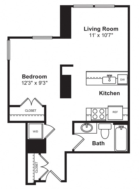 Floor plan for 1 bed, 1 bath, 632 sqft