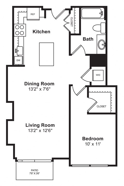 Floor plan for 1 bed, 1 bath, 846 sqft