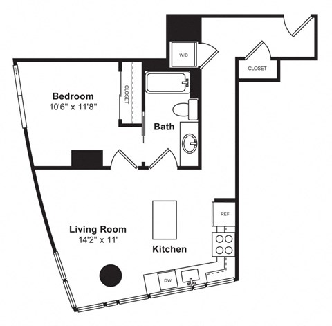 Floor plan for 1 bed, 1 bath, 745 sqft