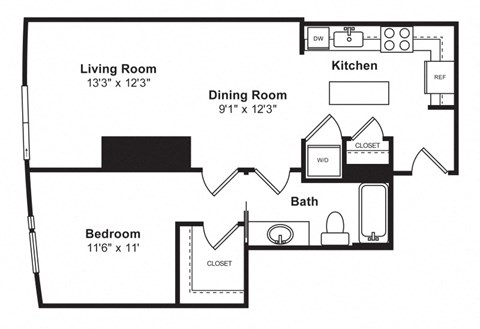 Floor plan for 1 bed, 1 bath, 777 sqft