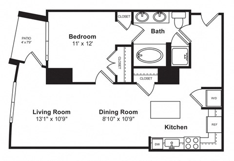 Floor plan for 1 bed, 1 bath, 824 sqft