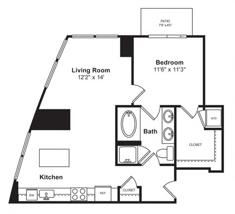 Floor plan for 1 bed, 1 bath, 846 sqft