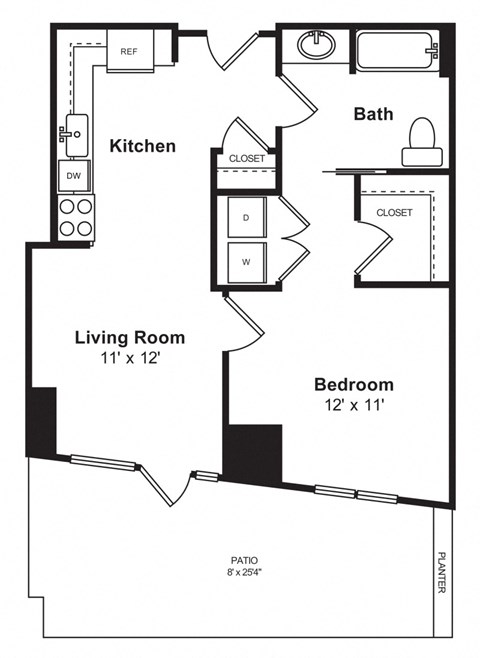 Floor plan for 1 bed, 1 bath, 669 sqft