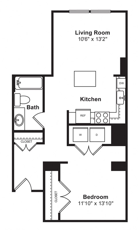 Floor plan for 1 bed, 1 bath, 765 sqft