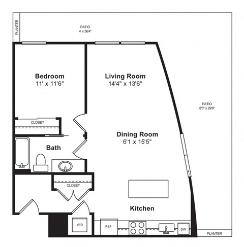 Floor plan for 1 bed, 1 bath, 847 sqft
