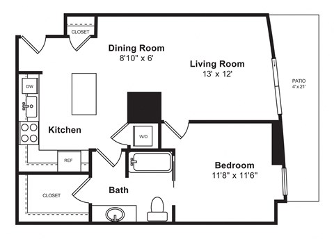Floor plan for 1 bed, 1 bath, 760 sqft