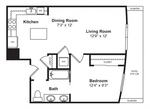 Floor plan for 1 bed, 1 bath, 722 sqft