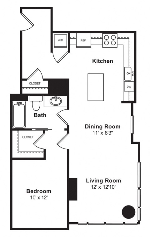 Floor plan for 1 bed, 1 bath, 876 sqft