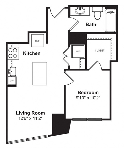 Floor plan for 1 bed, 1 bath, 627 sqft