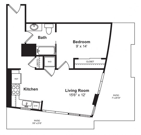 Floor plan for 1 bed, 1 bath, 707 sqft