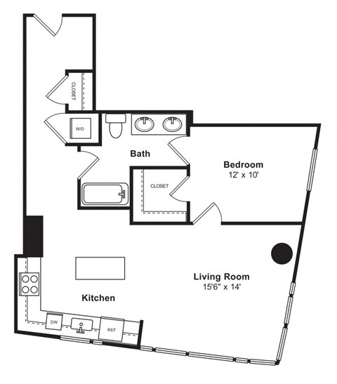 Floor plan for 1 bed, 1 bath, 805 sqft