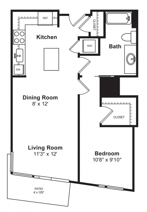 Floor plan for 1 bed, 1 bath, 778 sqft