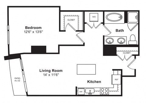 Floor plan for 1 bed, 1 bath, 847 sqft