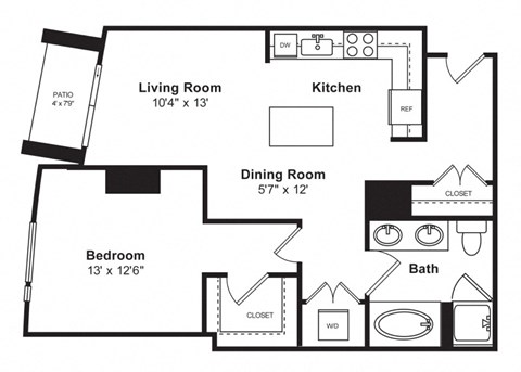 Floor plan for 1 bed, 1 bath, 855 sqft