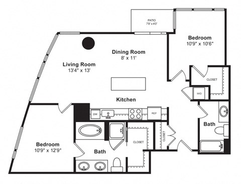 Floor plan for 2 beds, 2 baths, 1119 sqft