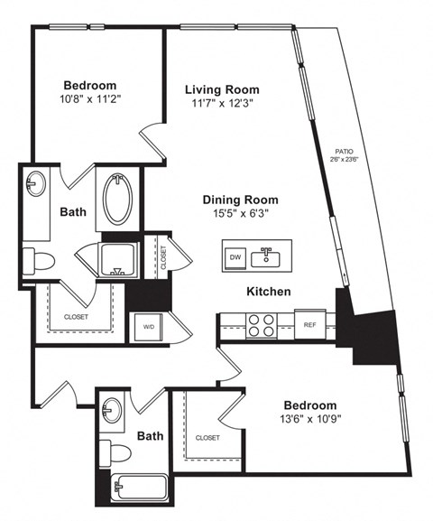 Floor plan for 2 beds, 2 baths, 1116 sqft