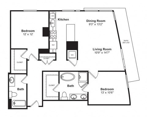 Floor plan for 2 beds, 2 baths, 1289 sqft