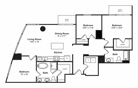 Floor plan for 3 beds, 2 baths, 1494 sqft