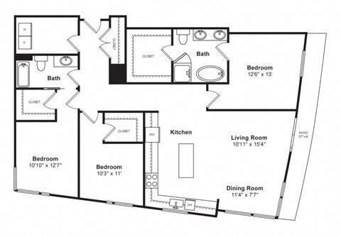 Floor plan for 3 beds, 2 baths, 1677 sqft