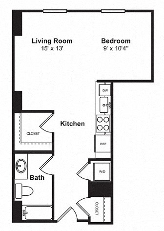 Floor plan for studio, 1 bath, 652 sqft