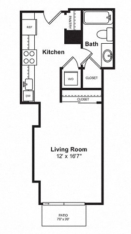 Floor plan for studio, 1 bath, 514 sqft
