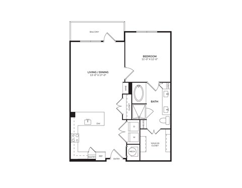 Floor plan for 1 bed, 1 bath, 764 sqft