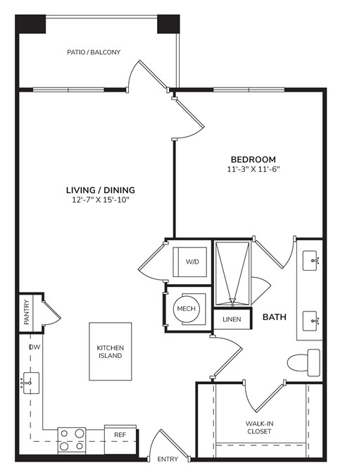 Floor plan for 1 bed, 1 bath, 737 sqft