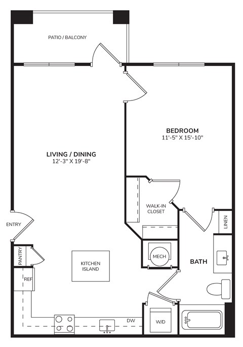 Floor plan for 1 bed, 1 bath, 751 sqft