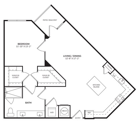 Floor plan for 1 bed, 1 bath, 897 sqft