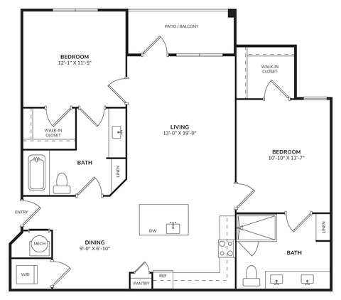 Floor plan for 2 beds, 2 baths, 1135 sqft