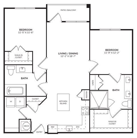Floor plan for 2 beds, 2 baths, 1184 sqft