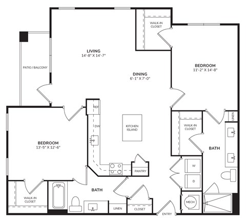 Floor plan for 2 beds, 2 baths, 1294 sqft