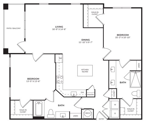 Floor plan for 2 beds, 2 baths, 1299 sqft