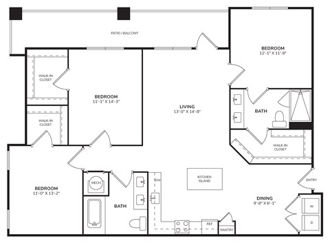 Floor plan for 3 beds, 2 baths, 1370 sqft