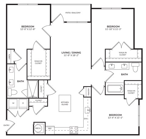 Floor plan for 3 beds, 2 baths, 1380 sqft