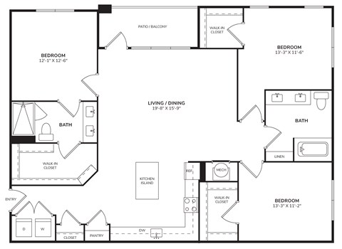 Floor plan for 3 beds, 2 baths, 1484 sqft