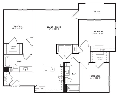 Floor plan for 3 beds, 2 baths, 1391 sqft