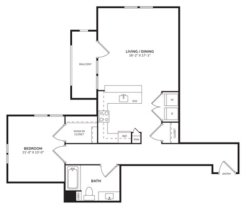 Floor plan for 1 bed, 1 bath, 927 sqft