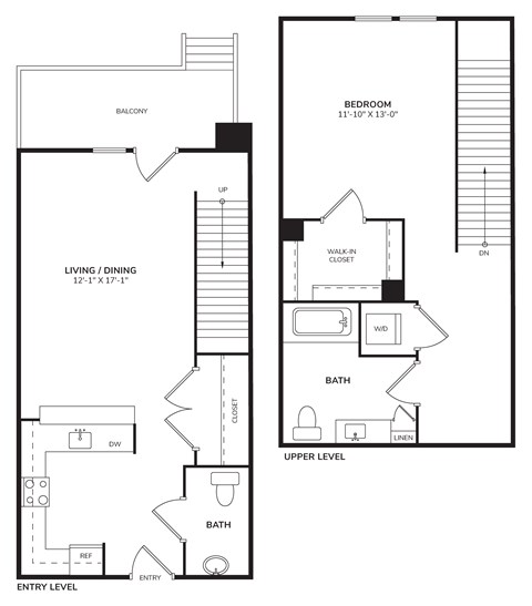 Floor plan for 1 bed, 1.5 baths, 883 sqft