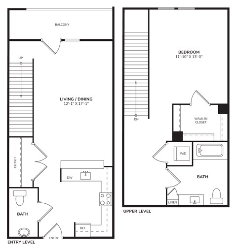 Floor plan for 1 bed, 1.5 baths, 900 sqft