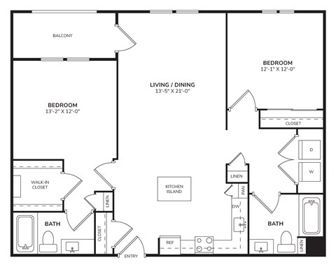 Floor plan for 2 beds, 2 baths, 1160 sqft