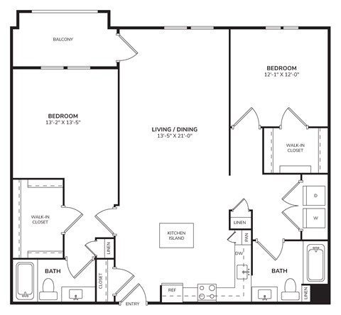Floor plan for 2 beds, 2 baths, 1320 sqft