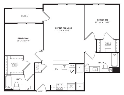 Floor plan for 2 beds, 2 baths, 1059 sqft
